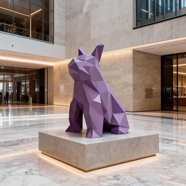 Large Modern Geometric Purple Bulldog Fiberglass Sculpture in a modern building lobby.