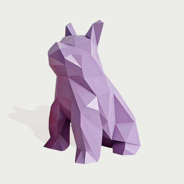 Large Modern Geometric Purple Bulldog Fiberglass Sculpture on a light gray background
