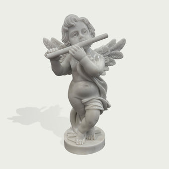 Natural white marble cherub angel flute statue with detailed wings, curled hair, and flowing drapery on a clean product background.
