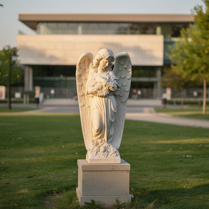 White marble angel sculpture displayed on an outdoor lawn, adding a peaceful classical accent to public garden and landscape decor.