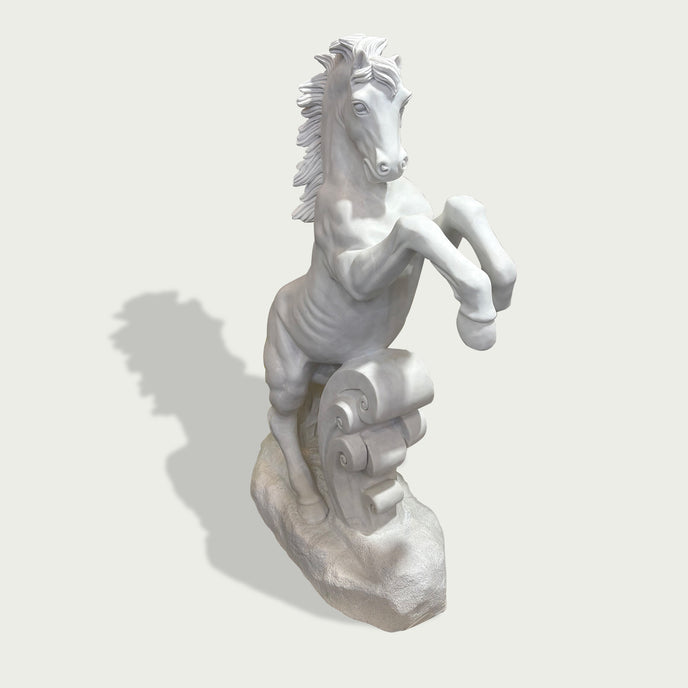 Natural white marble horse sculpture with powerful raised pose, detailed mane, and decorative wave carving on a clean background.