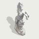 Natural white marble horse sculpture with powerful raised pose, detailed mane, and decorative wave carving on a clean background.