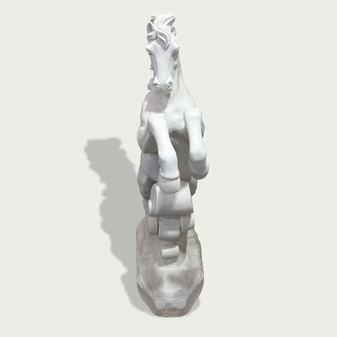Natural white marble rearing horse statue with raised front legs, carved mane, and wave detail shown on a clean product background.