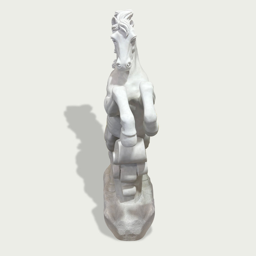 Natural white marble rearing horse statue with raised front legs, carved mane, and wave detail shown on a clean product background.