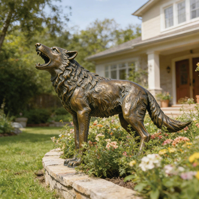 bronze howling wolf statue with an antique patina finish, positioned in a luxury estate landscaping.