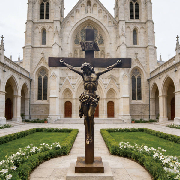 Statue of Christ on the Cross Bronze Sculpture in front of a large cathedral with gardens and flowers.