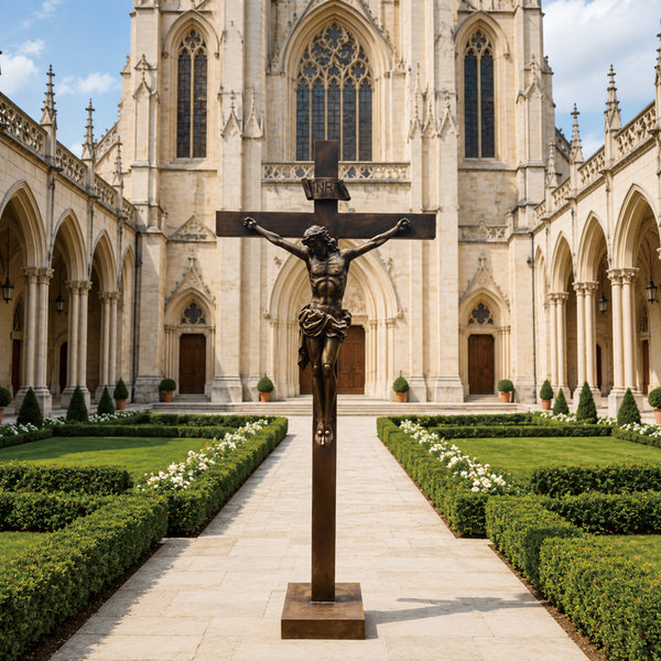 Statue of Christ on the Cross Bronze Sculpture centered in a formal garden courtyard leading up to a grand stone cathedral.