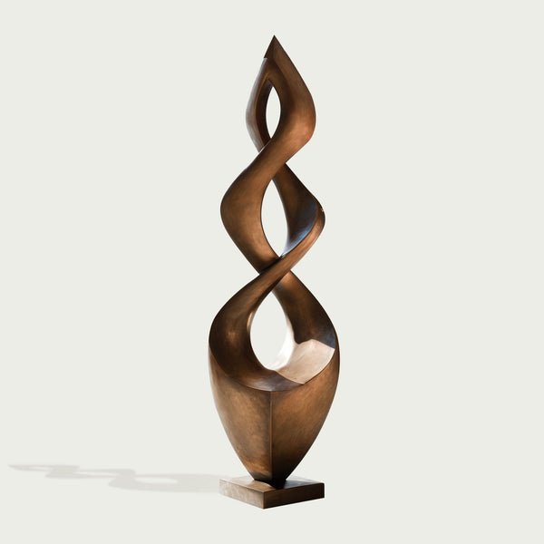 Bronze Infinite Helix spiral abstract sculptureon a white background