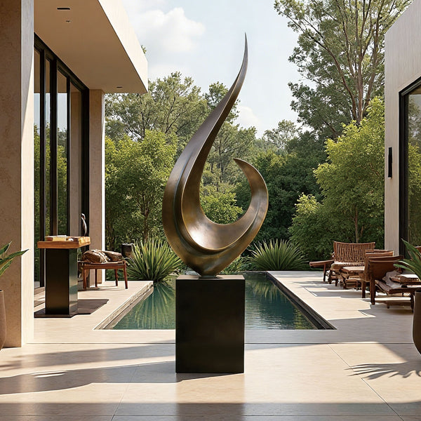 Modern outdoor sweeping crescendo abstract bronze sculpture by a pool