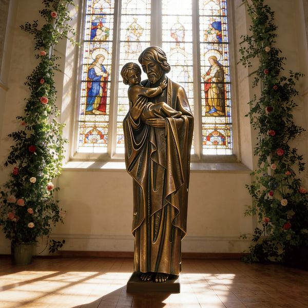 sacred saint joseph and the christ child Bronze statue  in front of stained glass windows with floral decorations.