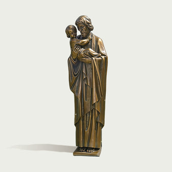 sacred saint joseph and the christ child Bronze statue holding a child on a white background