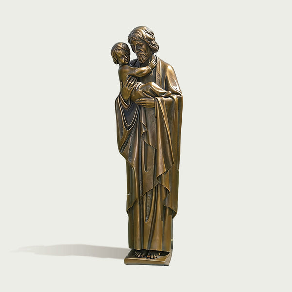 sacred saint joseph and the christ child Bronze statue holding a child on a white background