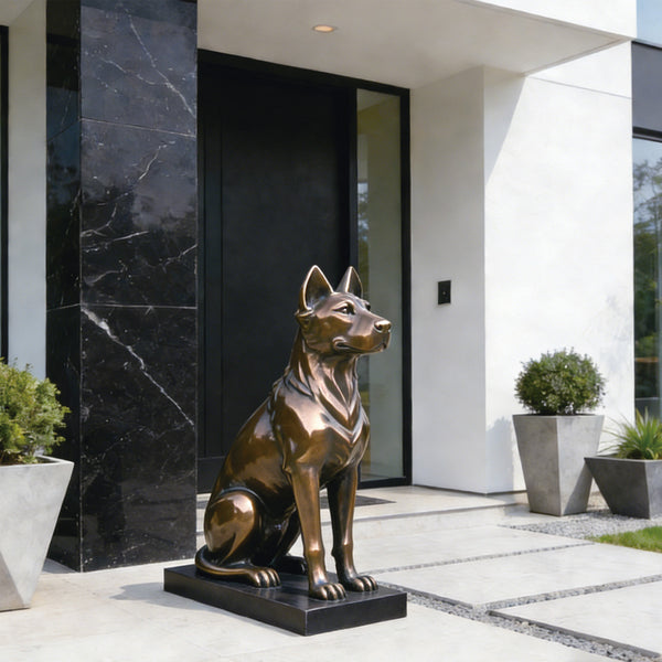 Bronze dog statue  lifelike gaze in front of a modern building with marble columns.