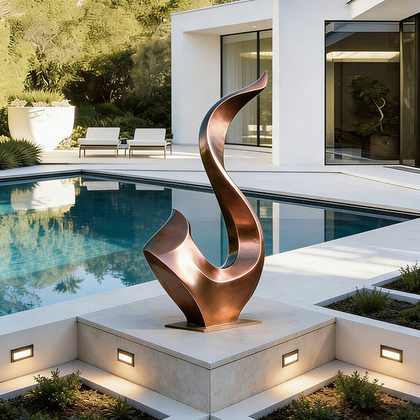 Modern Abstract Bronze Sculpture "Swan Wave" by a  Poolside in a luxury modern resorts