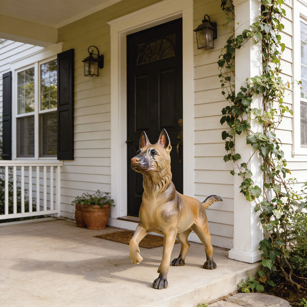 Lifelike Bronze German Shepherd Statue "The Loyal Guardian" on a porch with a house in the background