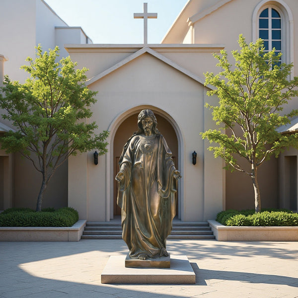 "Sacred Heart of Jesus" Classic Bronze Religious Statue in front of a church Courtyards