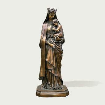 Traditional Crowned Virgin Mary and Baby Jesus Bronze Sculpture  on a white background