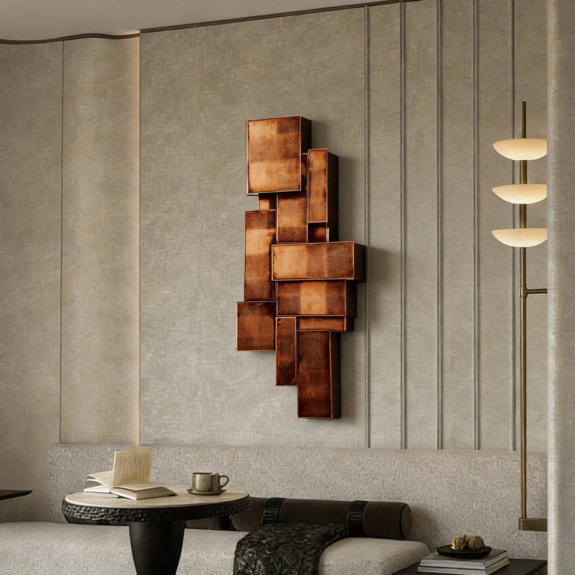 Patina Blocks Modern Bronze Wall Sculpture on a wall