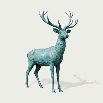 Life-Size Green Patina Bronze Stag Sculpture Deer Statue on a white background