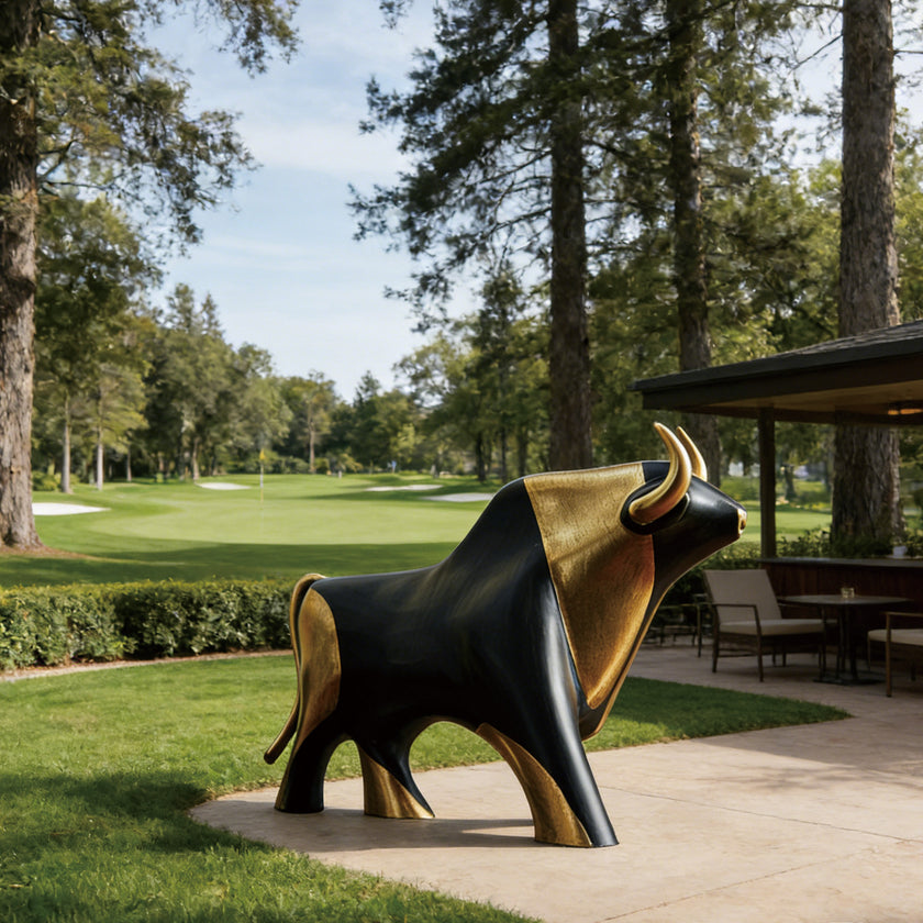 Striking Black And Gold Bronze Bull Statue in a park-like setting with trees and a gazebo.