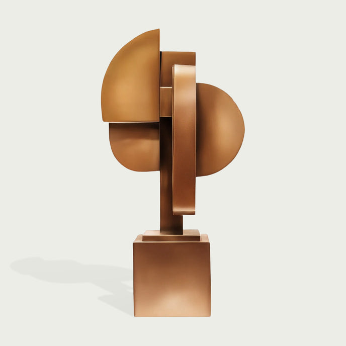 Contemporary Abstract  Bronze Geometric Sculpture Arcus Stamp on a light gray background