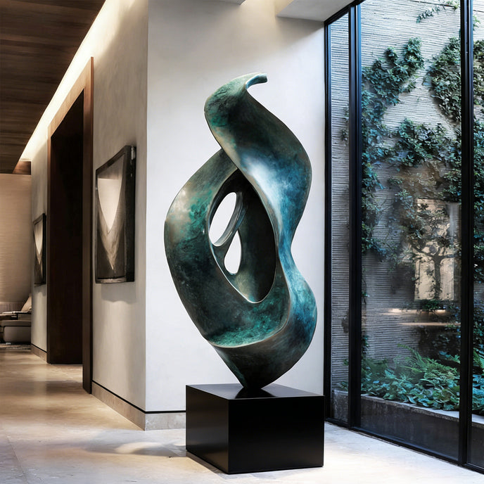 Large Verdigris Abstract Floor Sculpture  in a modern minimalist gallery