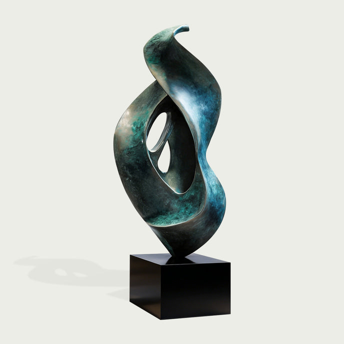 Large Verdigris Abstract Floor Sculpture with a light gray background