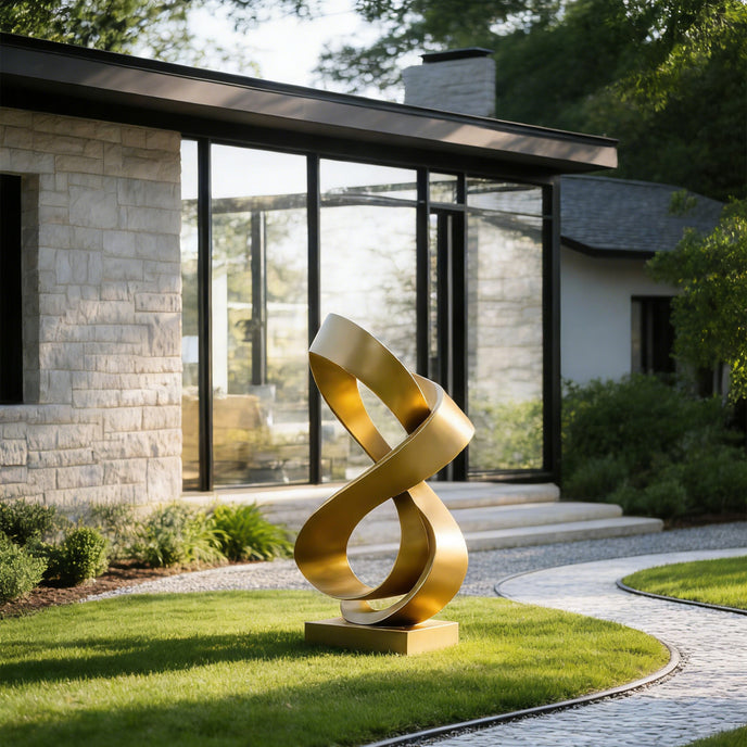 Premium Large Outdoor Golden Bronze Sculpture in front of a High-End Residential Landscapes with large glass windows.