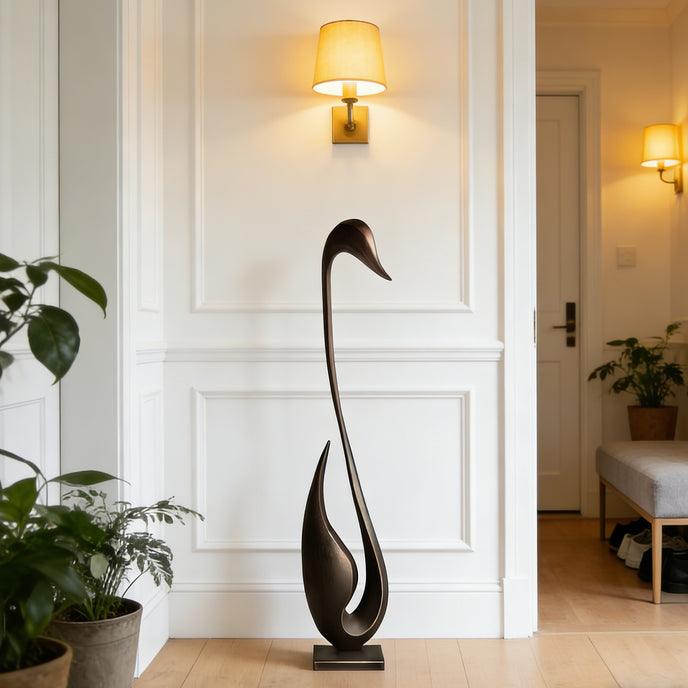  Abstract Bronze Bird Floor Sculpture in a modern minimalist room