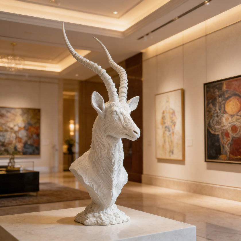  Textured Classic Antelope Bust Statue Bronze Sculpture in a luxurious interior setting with paintings on the wall.