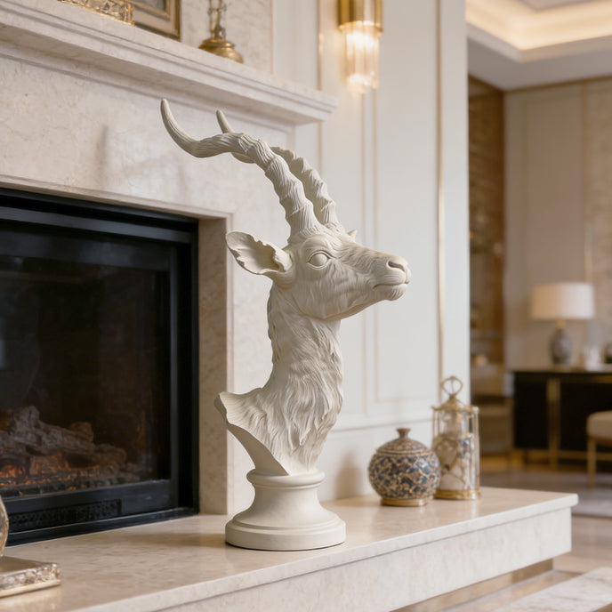 Graceful Antelope Profile Head Bust Bronze  on a fireplace mantel in a home setting