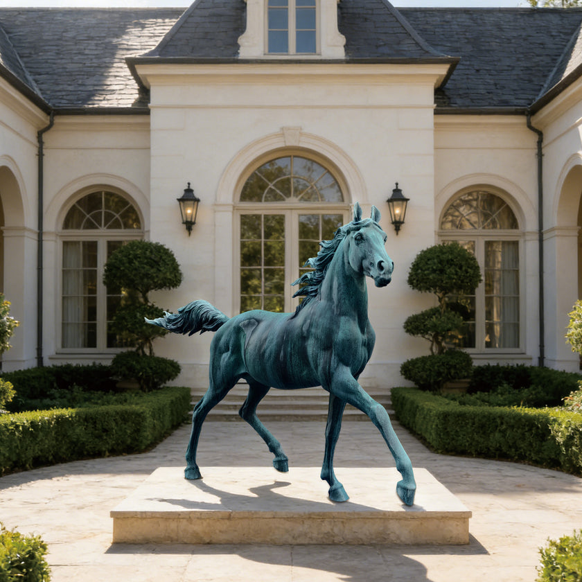 Life-Size Green Patina Horse Statue in front of a classical building