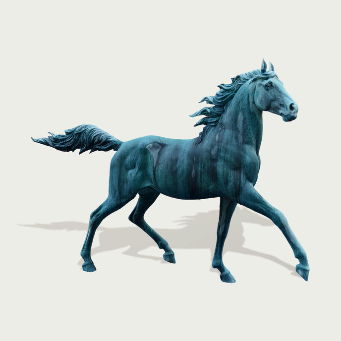 Life-Size Green Patina Horse Statue on a light gray background