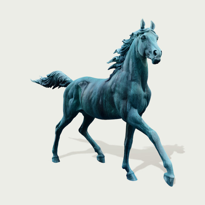 Life-Size Green Patina Horse Statue on a light gray background