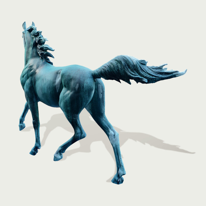 Life-Size Green Patina Horse Statue on a light gray background