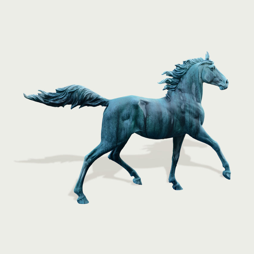 Life-Size Green Patina Horse Statue on a light gray background