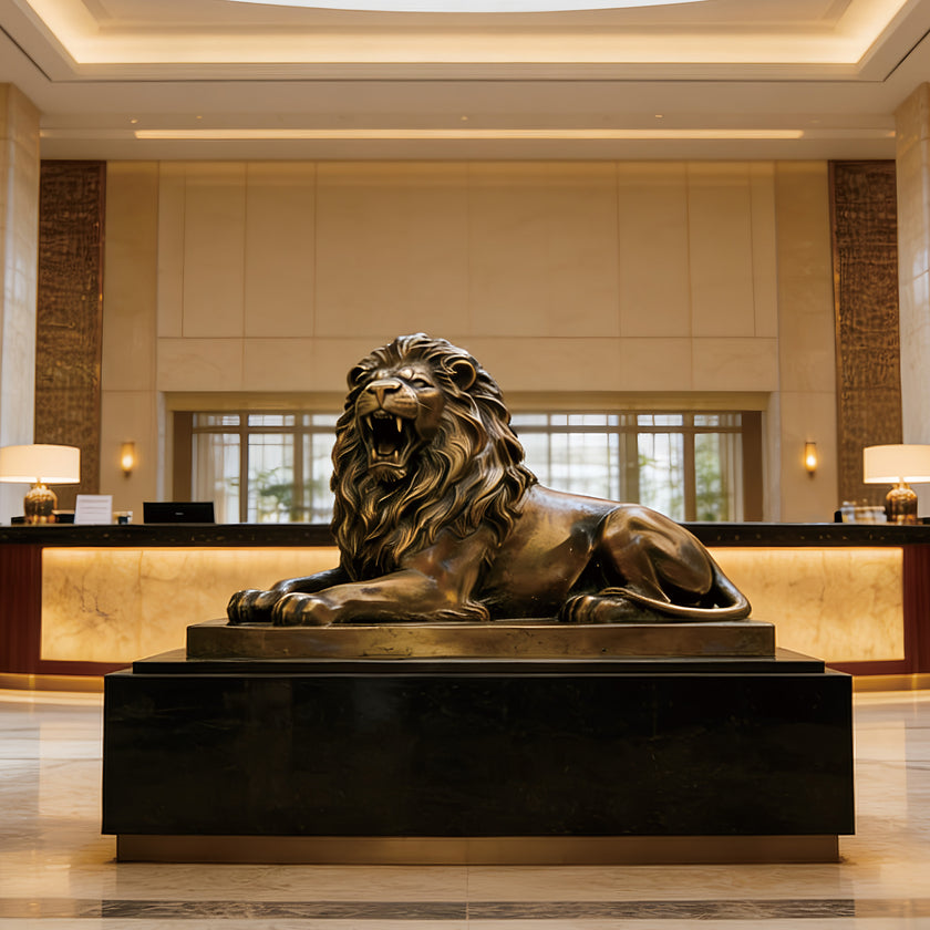 Roaring Lion Bronze Sculpture Large Statuary in a luxurious lobby setting
