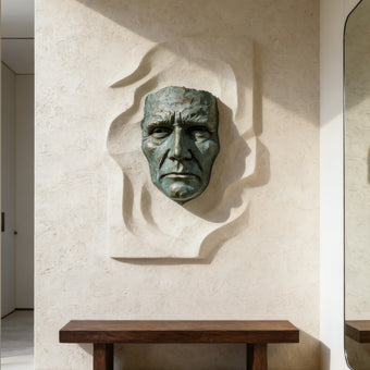 Dramatic Male Wall Art Bronze Sculpture on a textured wall with a wooden console table below.