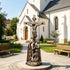 Sacred Crucifixion Scene Jesus Holy Cross Memorial Bronze Statues  in front of a church.
