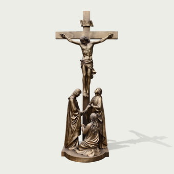 Sacred Crucifixion Scene Jesus Holy Cross Memorial Bronze Statues  on a white background