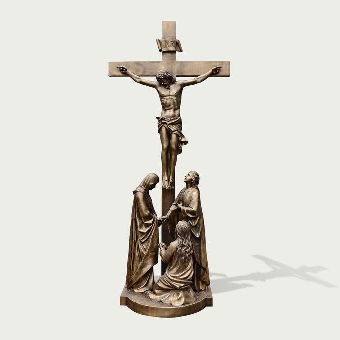 Sacred Crucifixion Scene Jesus Holy Cross Memorial Bronze Statues  on a white background