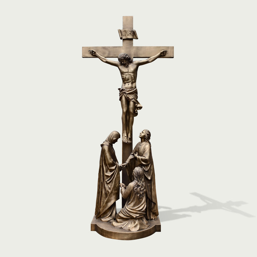 Sacred Crucifixion Scene Jesus Holy Cross Memorial Bronze Statues  on a white background