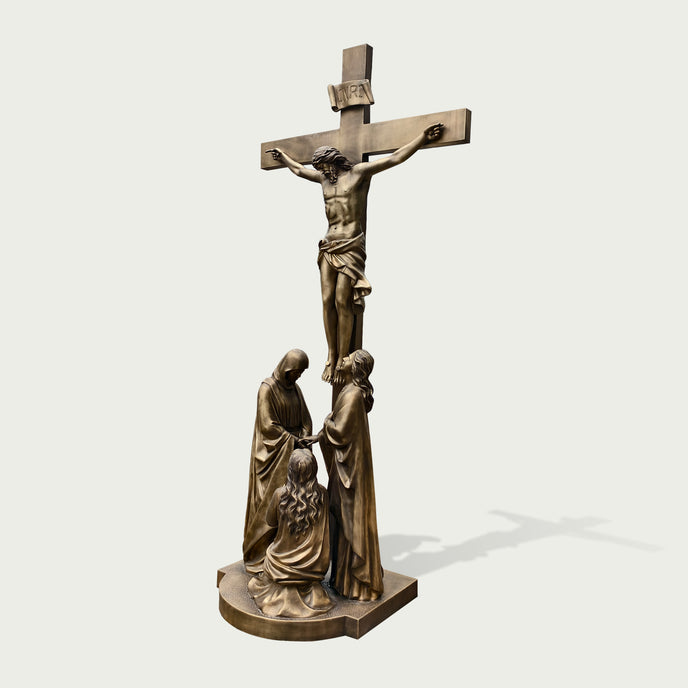 Sacred Crucifixion Scene Jesus Holy Cross Memorial Bronze Statues on a white background