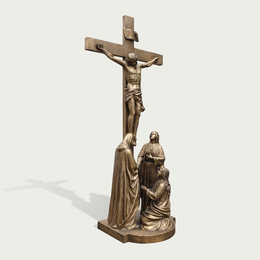 Sacred Crucifixion Scene Jesus Holy Cross Memorial Bronze Statues on a white background