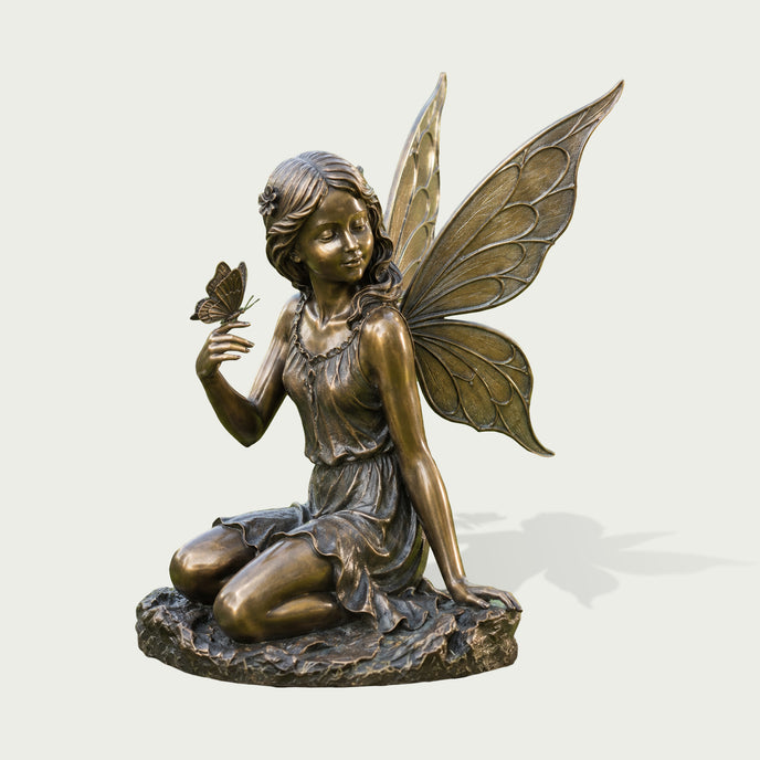 Enchanted Winged Fairy Woman Sculpture Bronze Garden Statues on a white background