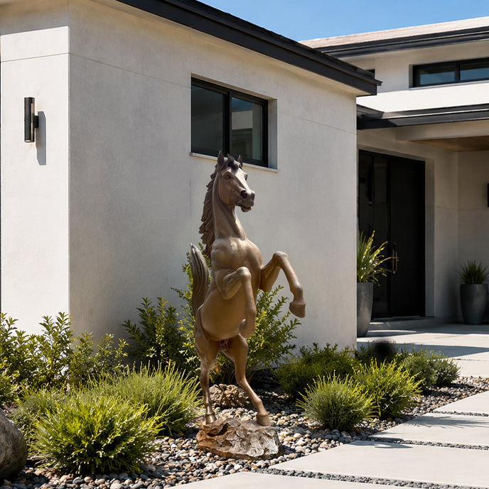 Rearing Steed Bronze Horse Statue Large Garden Statues in front of a luxury villa entrance