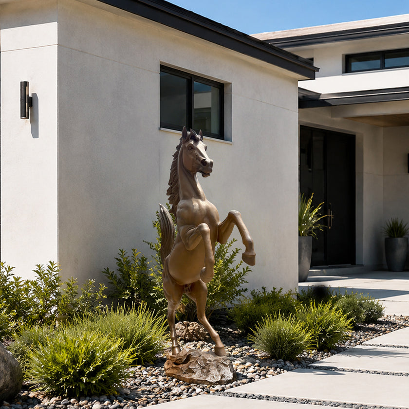 Rearing Steed Bronze Horse Statue Large Garden Statues in front of a luxury villa entrance