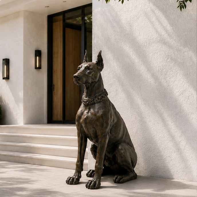 Steadfast Guardian Dog Sculpture Contemporary Sculpture at the entry of a modern house