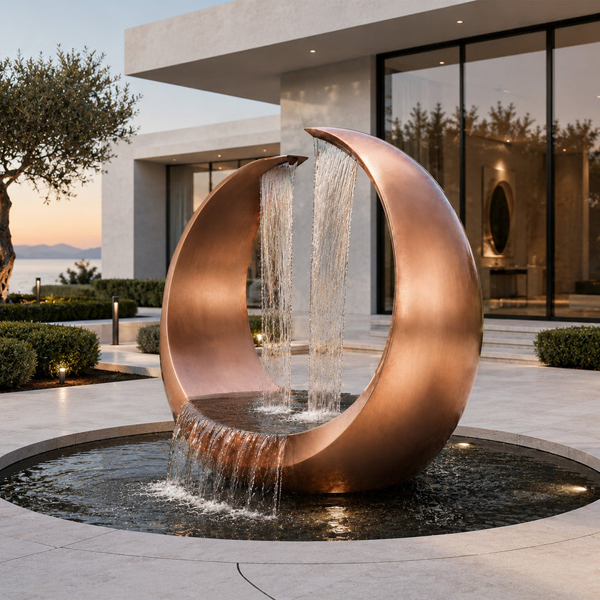 Abstract Contemporary Crescent Bronze Sculpture Water Fountain in front of a courtyard in a luxury villa by coast 