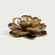Blooming Golden Lotus Tabletop Floral Bronze Sculpture with layered petals, photographed on a plain light gray background.